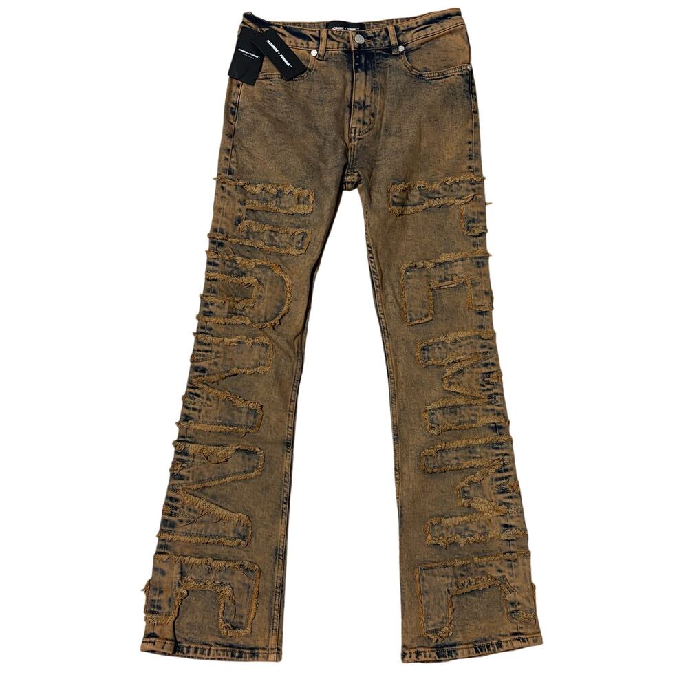 NWT Homme + Femme Twilight Mocha Denim Jeans Spellout Men's 30x32 Actual 32x32
